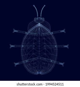 Wireframe of a ladybug beetle made of blue lines on a dark background. 3D. Vector illustration