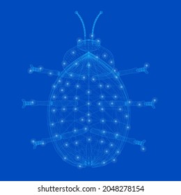 Wireframe of a ladybug made of blue lines. View from above. Vector illustration