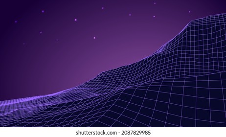Wireframe landscape background. 80s retro landscape style. Vector illustration.