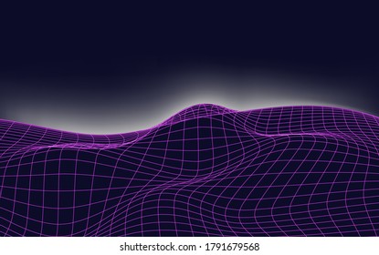Wireframe landscape background. Abstract digital landscape with particles dots and stars on horizon. Big Data. 3d futuristic vector illustration. 80s Retro Sci-Fi Background