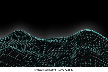 Wireframe landscape background. Abstract digital landscape with particles dots and stars on horizon. Big Data. 3d futuristic vector illustration. 80s Retro Sci-Fi Background