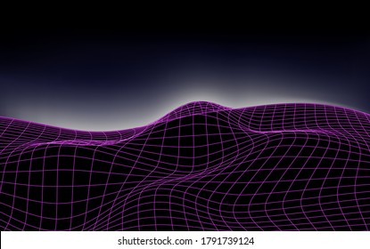 Fondo horizontal de la estructura alambrada. Resumen del paisaje digital con puntos de partículas y estrellas en el horizonte. Big Data. Ilustración vectorial futurista 3d. Fondo Retro de Ciencia Ficción de los años 80