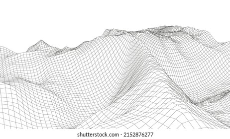 Wireframe landscape background. Detailed lines on white background. Vector illustration.