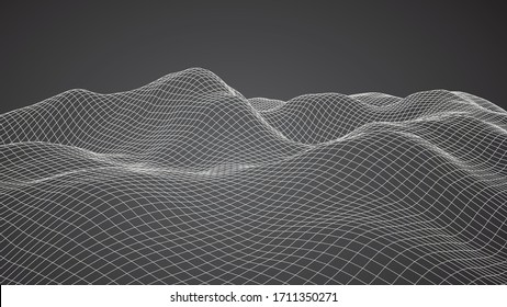 Wireframe landscape background. Digital landscape for presentations. Cyberspace grid.  Vector illustration.
