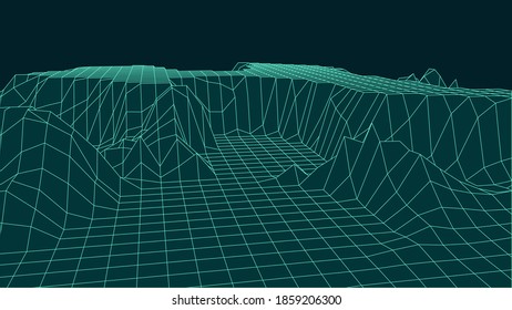 Fondo horizontal de la estructura alambrada. Paisaje digital para presentaciones. Cuadrícula del ciberespacio. Ilustración vectorial.