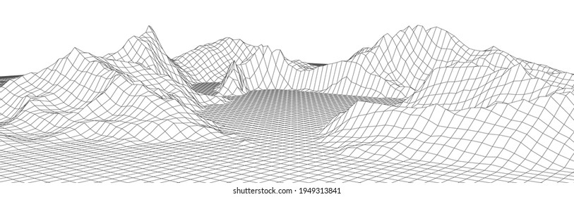 Wireframe landscape background. Digital landscape for presentations. Cyberspace grid. Vector illustration.	