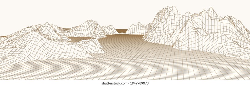 Wireframe landscape background. Digital landscape for presentations. Cyberspace grid. Vector illustration.	