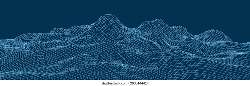 Wireframe landscape background. Digital landscape for presentations. Cyberspace grid. Vector illustration.