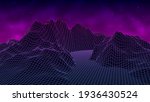 Wireframe landscape background. Digital retro landscape 1980s style. Cyberspace grid. Vector illustration.	