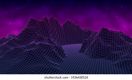 Wireframe landscape background. Digital retro landscape 1980s style. Cyberspace grid. Vector illustration.	