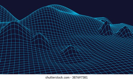 Wireframe Landscape Background. Futuristic Landscape with line Grid. Low Poly 3D Wireframe Mapping. Network Cyber Technology background.