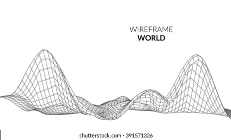 Wireframe Landscape Background. Futuristic Landscape with line Grid. Low Poly 3D Wireframe Mapping. Network Cyber Technology background.