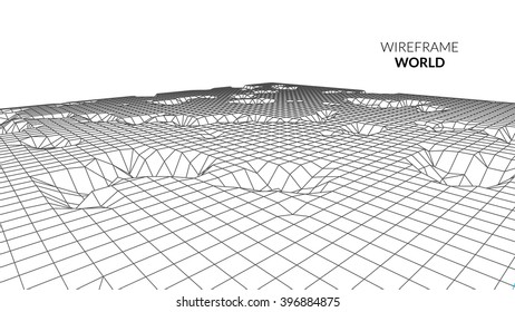 Wireframe Landscape Background. Futuristic Landscape with line Grid. Low Poly 3D Wireframe Mapping. Network Cyber Technology background.