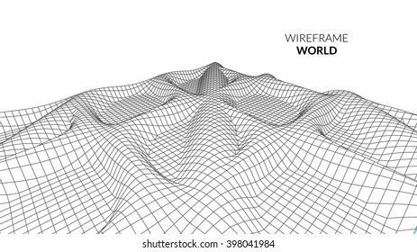 Wireframe Landscape Background. Futuristic Landscape with line Grid. Low Poly 3D Wireframe Mapping. Network Cyber Technology background.
