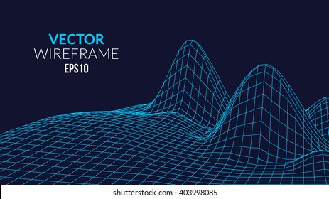 Wireframe Landscape Background. Futuristic Landscape with line Grid. Low Poly 3D Wireframe Mapping. Network Cyber Technology background.