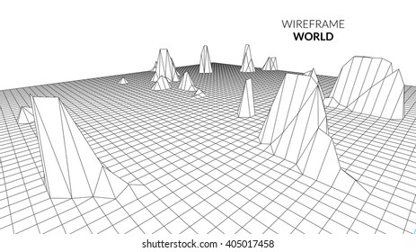 Wireframe Landscape Background. Futuristic Landscape with line Grid. Low Poly 3D Wireframe Mapping. Network Cyber Technology background.