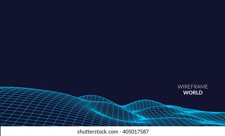 Wireframe Landscape Background. Futuristic Landscape with line Grid. Low Poly 3D Wireframe Mapping. Network Cyber Technology background.