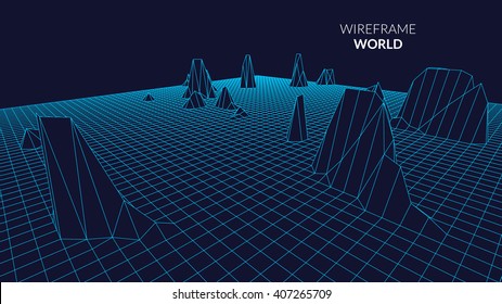 Wireframe Landscape Background. Futuristic Landscape with line Grid. Low Poly 3D Wireframe Mapping. Network Cyber Technology background.