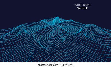 Wireframe Landscape Background. Futuristic Landscape with line Grid. Low Poly 3D Wireframe Mapping. Network Cyber Technology background.
