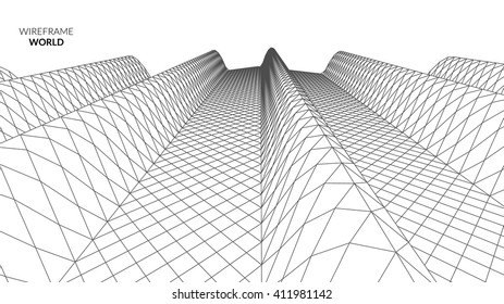 Wireframe Landscape Background. Futuristic Landscape with line Grid. Low Poly 3D Wireframe Mapping. Network Cyber Technology background.