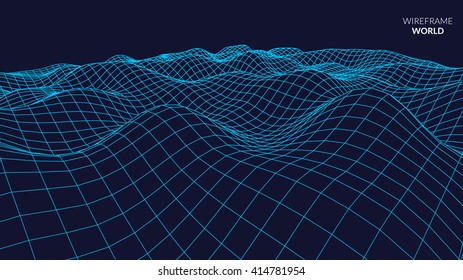 Wireframe Landscape Background. Futuristic Landscape with line Grid. Low Poly 3D Wireframe Mapping. Network Cyber Technology background.