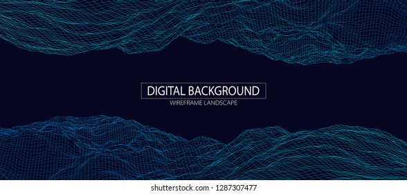Wireframe landscape background. Futuristic vector illustration. 