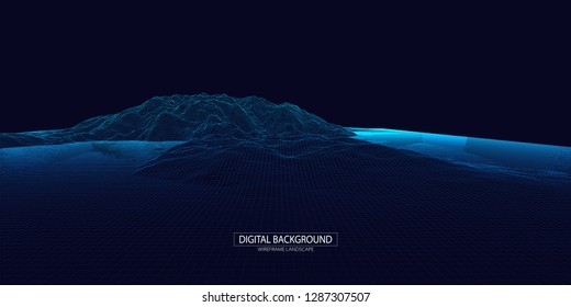 Wireframe landscape background. Futuristic vector illustration. 