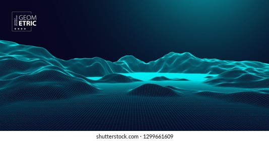 Wireframe landscape background. Futuristic vector illustration. 