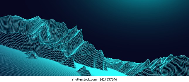 Wireframe landscape background. Futuristic vector illustration.