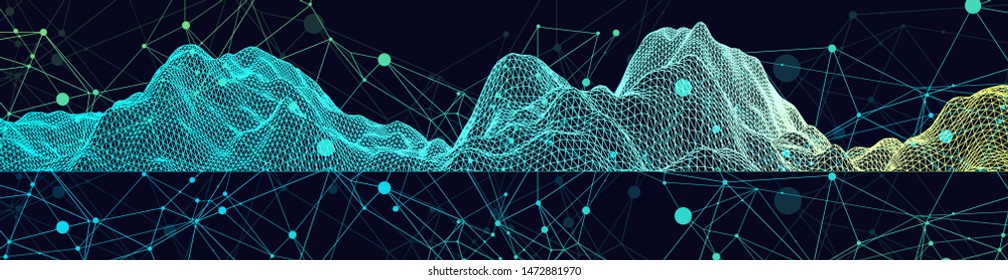 Wireframe landscape background. Futuristic vector illustration.