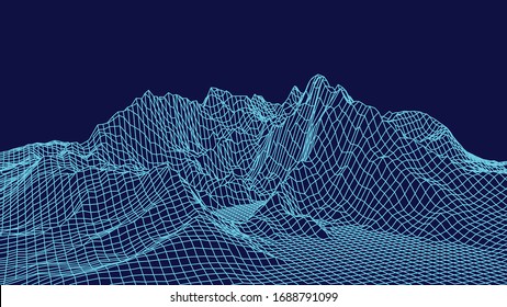 Wireframe landscape design on blue background. Technology vector grid.