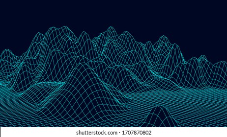 Wireframe landscape design on blue background. Technology vector grid.