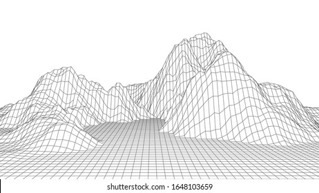 Wireframe landscape design on white background. Technology vector grid.
