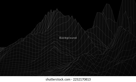 Wireframe landscape element graphic grid cyber surface. Design vector monochrome illustration simple and white grid line template for logo, presentation, ads, flyer, isolated on black background.