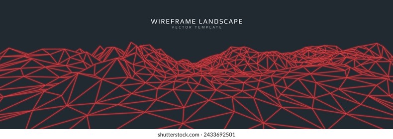 Wireframe landscape. Futuristic 3d mesh background. Digital polygonal hills technology. Vector illustration.