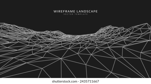Alambre horizontal. Fondo de malla 3D futurista. Tecnología digital de colinas poligonales. Ilustración vectorial.