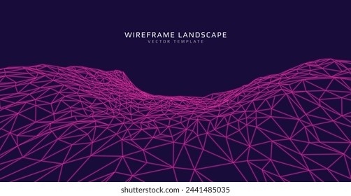 Wireframe landscape. Futuristic 3d mesh background. Digital polygonal hills technology. Vector illustration.