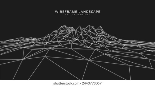 Wireframe landscape. Futuristic 3d mesh background. Digital polygonal hills technology. Vector illustration.