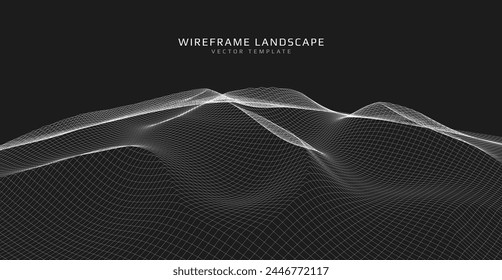Wireframe-Landschaft. Futuristischer 3D Mesh Hintergrund. In: Digital Hills Technology. Vektorillustration.