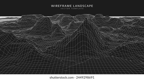 Wireframe landscape. Futuristic 3d mesh background. Digital hills technology. Vector illustration.