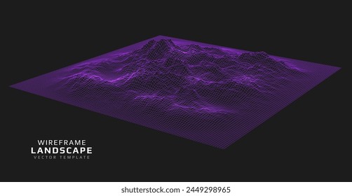 Wireframe landscape. Futuristic 3d mesh background. Digital hills technology. Vector illustration.