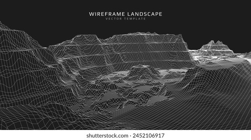 Wireframe landscape. Futuristic 3d mesh background. Digital hills technology. Vector illustration.