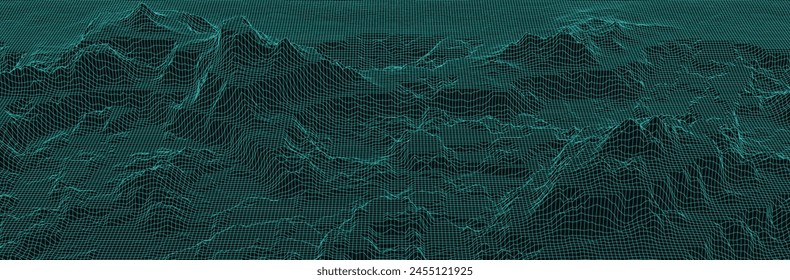 Wireframe landscape. Futuristic 3d mesh background. Digital hills technology. Vector illustration.