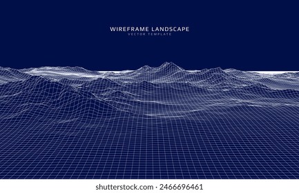 Wireframe landscape. Futuristic 3d mesh background. Digital hills technology. Vector illustration.