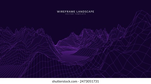 Alambre horizontal. Fondo de malla 3D futurista. Tecnología Digital Hills. Ilustración vectorial.