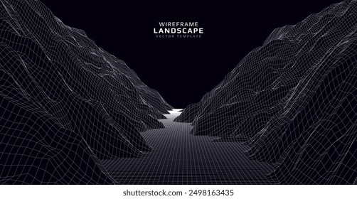 Wireframe landscape. Futuristic 3d mesh background. Digital hills technology. Vector illustration.