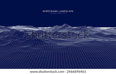 Wireframe landscape. Futuristic 3d mesh background. Digital hills technology. Vector illustration.