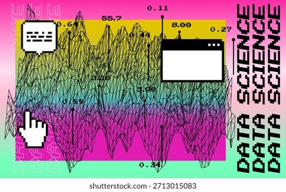 Paisaje de alambre de picos y valles dentados en una estética vaporwave retro, superpuesta con Elementos UI pixelados. Ilustración vectorial conceptual para el caos digital y la visualización de datos.