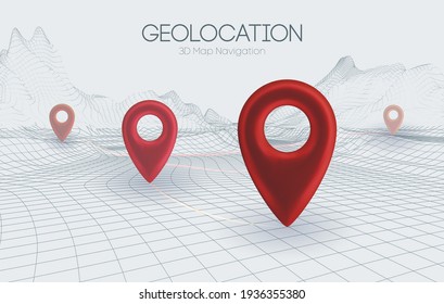 Wireframe landscape light background. 3d map navigation red pointers vector 3d illustration. Business concept 3d vector technology background.