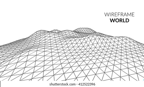 Wireframe Landscape Mountain Background. Futuristic Landscape with line Grid. Low Poly 3D Wireframe Mapping. Network Cyber Technology background.